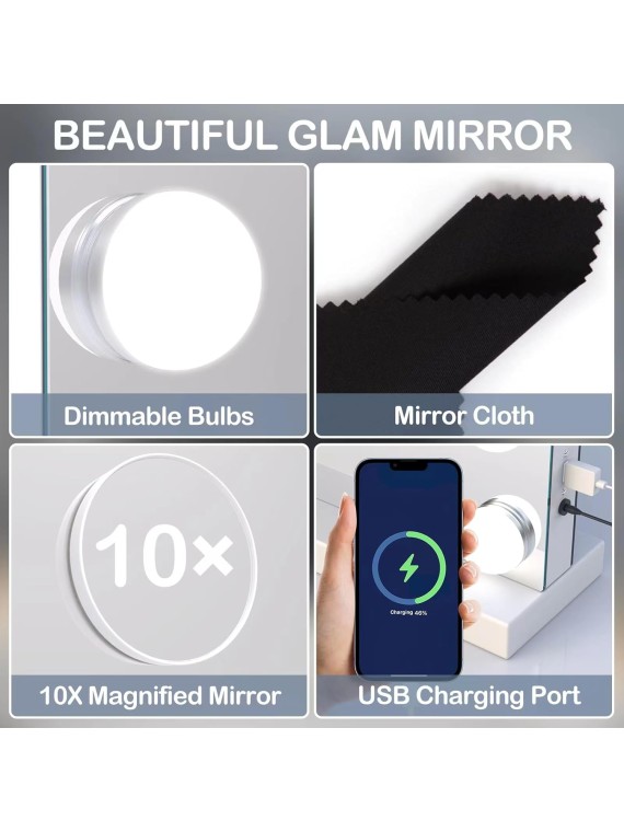 22.8 x 18.2 Vanity Makeup Mirror with Lights, 10X Magnification,Large Hollywood Lighted Vanity Mirror with 15 Dimmable LED Bulbs, USB Charger Port, Tabletop or Wall-Mounted White