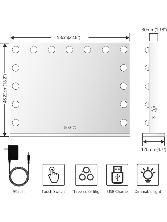 22.8 x 18.2 Vanity Makeup Mirror with Lights, 10X Magnification,Large Hollywood Lighted Vanity Mirror with 15 Dimmable LED Bulbs, USB Charger Port, Tabletop or Wall-Mounted White