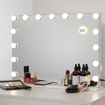 22.8"x 18.1" Vanity Mirror with Lights,Large Hollywood Lighted Makeup Mirror with 15 Dimmable LED Bulbs,3 Color Modes,Touch Control,10X Magnification for Bedroom,Tabletop or Wall-Mounted