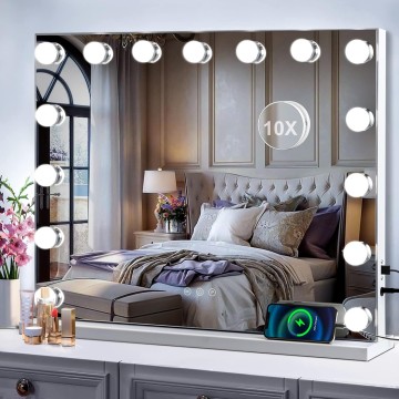 Hollywood Vanity Mirror with Lights, 15 Bulbs 23 x18 Inch Makeup Mirror with Lights with USB Charging and 10x Magnification, Touchscreen 3 Lighting Modes Lighted Vanity Mirror