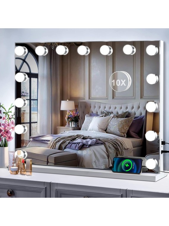 Hollywood Vanity Mirror with Lights, 15 Bulbs 23 x18 Inch Makeup Mirror with Lights with USB Charging and 10x Magnification, Touchscreen 3 Lighting Modes Lighted Vanity Mirror