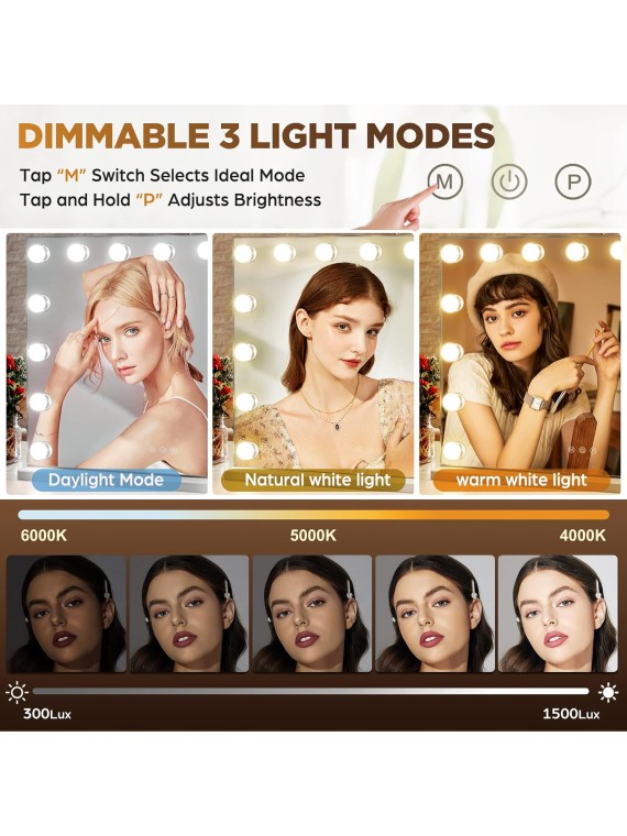 Hollywood Vanity Mirror with Lights, 15 Bulbs 23 x18 Inch Makeup Mirror with Lights with USB Charging and 10x Magnification, Touchscreen 3 Lighting Modes Lighted Vanity Mirror