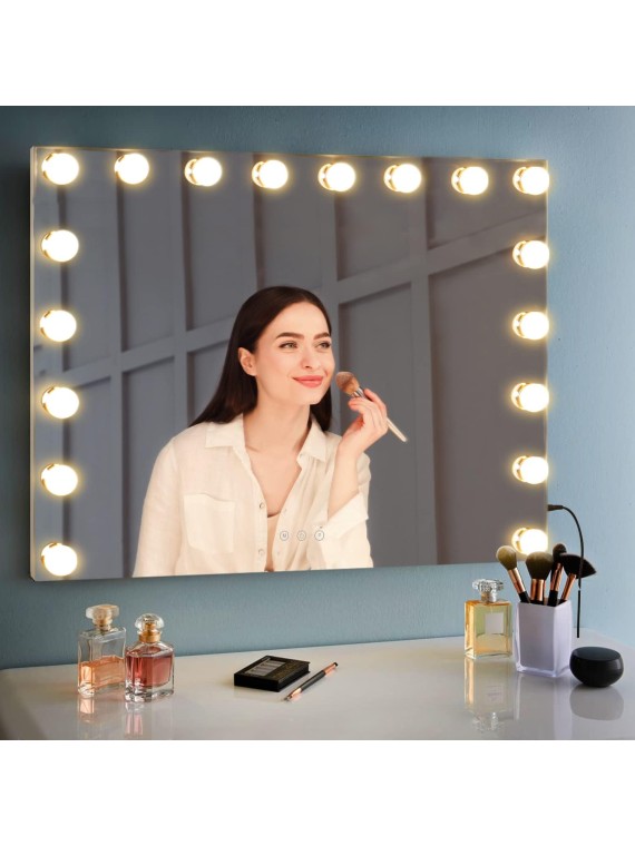 Hollywood Vanity Mirror with 18 Bulbs Lights, Large Lighted Makeup Mirror for Desk and Wall, Dimmable 3 Lighting Modes, Plug-in & USB Charger Port, White