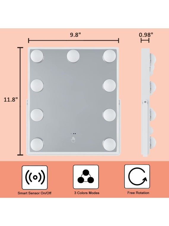 Vanity Mirror with Lights, Hollywood Makeup Mirror with Light, Tabletop Makeup Lighted Mirror with 9 LED Lights Sensor Control 3 Color Modes