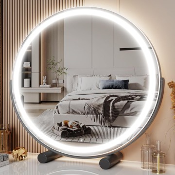 18" Vanity Mirror with Lights, LED Makeup Mirror, Large Round Mirror Lighted Makeup Mirror with Lights, Smart Touch Control 3 Colors Dimmable Mirror 360°Rotation Black