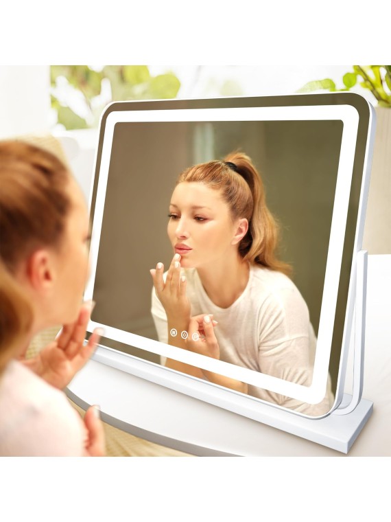 24"x21" Large Vanity Mirror with Lights, Lighted Makeup Mirror with Detachable 10X Magnification Mirror, 3 Colors Lighted Vanity Mirror Tabletop, 360°Rotation Lighting Standing Desk Mirror