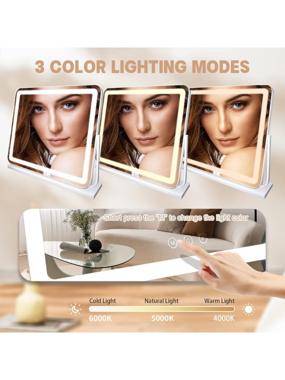 24"x21" Large Vanity Mirror with Lights, Lighted Makeup Mirror with Detachable 10X Magnification Mirror, 3 Colors Lighted Vanity Mirror Tabletop, 360°Rotation Lighting Standing Desk Mirror