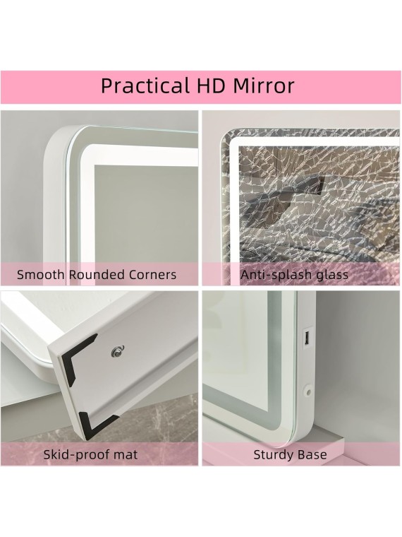 Vanity Mirror with Lights, 32" x 22" Large Makeup Hollywood Mirror for Desk, Lighted Vanity Make up Mirror with USB Charging, 3 Color Lighting Modes Tabletop or Wall Mount White