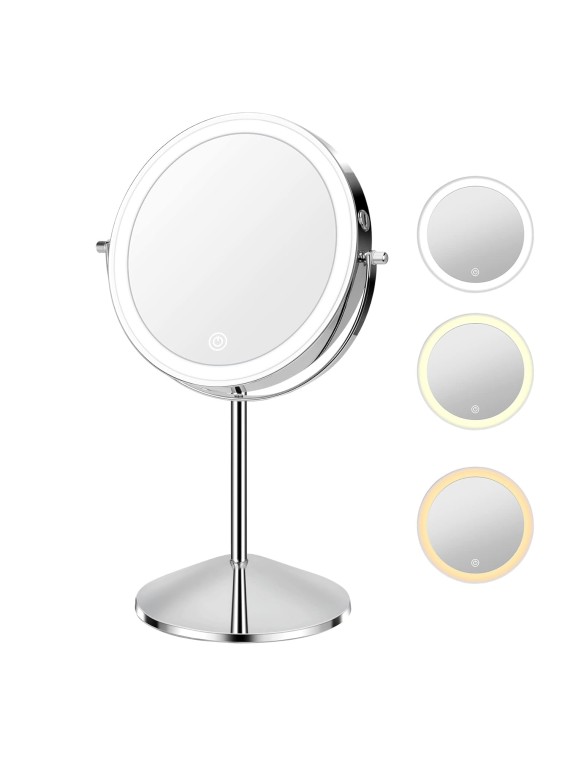 Lighted Makeup Mirror with Magnification, 10X 8’’Rechargeable Double Sided Vanity Mirror with Lights Magnifying Makeup Mirror with 3 Color Light with 360° Rotation, Detachable Base