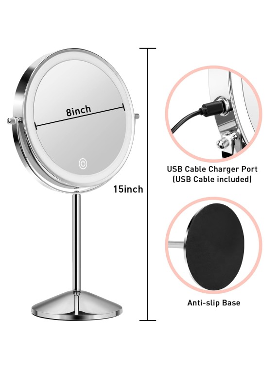 Lighted Makeup Mirror with Magnification, 10X 8’’Rechargeable Double Sided Vanity Mirror with Lights Magnifying Makeup Mirror with 3 Color Light with 360° Rotation, Detachable Base