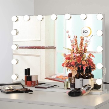 Vanity Mirror Makeup Mirror with Lights,10X Magnification,Large Hollywood Lighted Vanity Mirror with 15 Dimmable LED Bulbs,3 Color Modes,Touch Control for Bedroom,Tabletop or Wall-Mounted