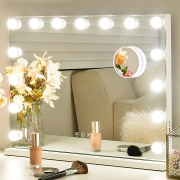 Makeup Vanity Mirror with Lights, Hollywood Makeup Mirror with Dimmable 15 LED Lights, Smart Touch with 3 Colors Adjustment and Charging Station, Matte White-23 x19