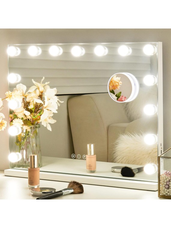 Makeup Vanity Mirror with Lights, Hollywood Makeup Mirror with Dimmable 15 LED Lights, Smart Touch with 3 Colors Adjustment and Charging Station, Matte White-23 x19