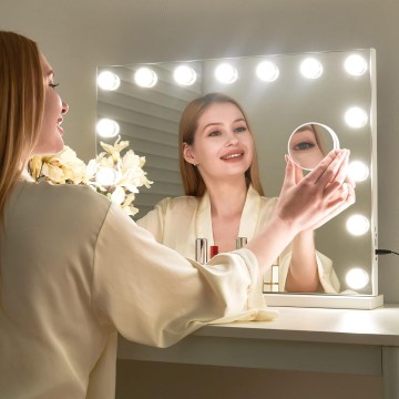 Makeup Vanity Mirror with Lights, Hollywood Makeup Mirror with Dimmable 15 LED Lights, Smart Touch with 3 Colors Adjustment and Charging Station, Matte White-23 x19