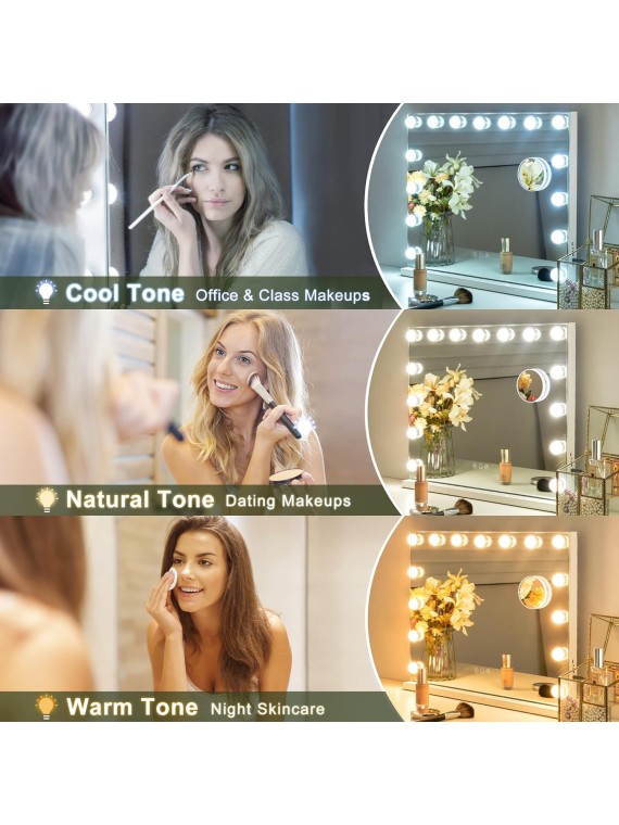 Makeup Vanity Mirror with Lights, Hollywood Makeup Mirror with Dimmable 15 LED Lights, Smart Touch with 3 Colors Adjustment and Charging Station, Matte White-23 x19