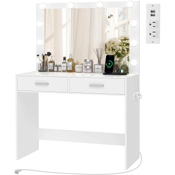 Vanity Desk with Large Lighted Mirror, Makeup Vanity with 10 Lights, 2 Drawers & Power Strip, Vanity Desk Set, Dressing Vanity Tables for Women Girls, Bedroom, White