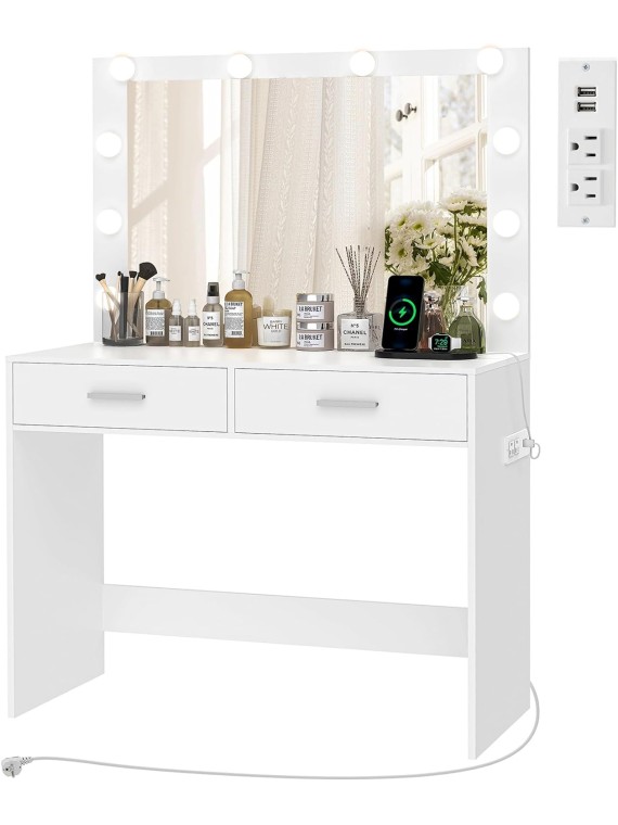 Vanity Desk with Large Lighted Mirror, Makeup Vanity with 10 Lights, 2 Drawers & Power Strip, Vanity Desk Set, Dressing Vanity Tables for Women Girls, Bedroom, White