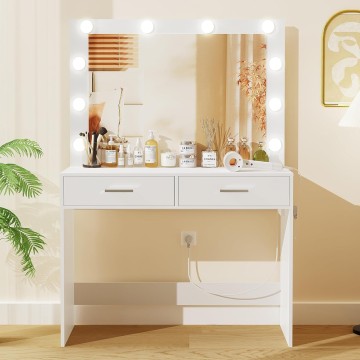 Vanity Desk with Large Lighted Mirror, Makeup Vanity with 10 Lights, 2 Drawers & Power Strip, Vanity Desk Set, Dressing Vanity Tables for Women Girls, Bedroom, White