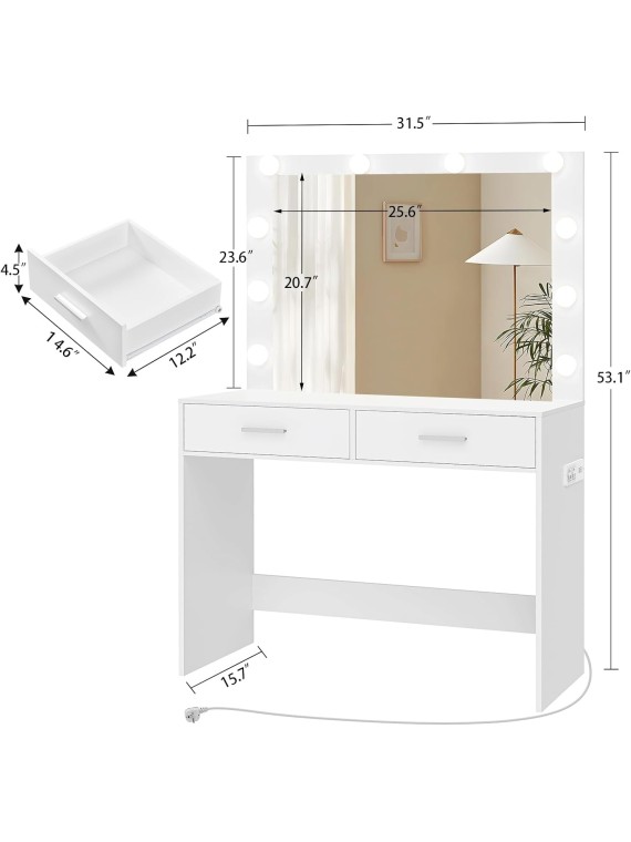 Vanity Desk with Large Lighted Mirror, Makeup Vanity with 10 Lights, 2 Drawers & Power Strip, Vanity Desk Set, Dressing Vanity Tables for Women Girls, Bedroom, White