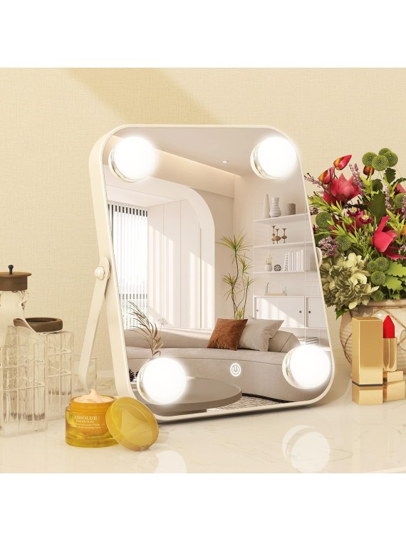 Vanity Mirror with Lights, Hollywood Makeup Mirror with Light, Lighted Tabletop Makeup Mirror with 4 Dimmable LED Bulbs, Portable Travel Makeup Mirror with U-Shaped Bracket, Smart Touch Control