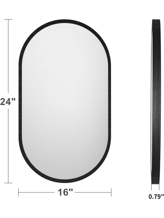 16x24 Black Oval Mirror, Bathroom Vanity Mirror Metal Framed, Pill Shaped Mirror, Horizontal or Vertical Modern Wall-Mounted Mirrors Decor for Bedroom, Living Room, Entryway, over Sink, Hallway