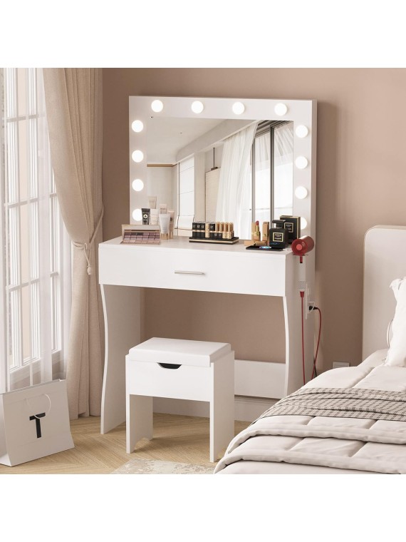 Makeup Vanity Desk with Mirror and 12 Lights 3 Color Modes, White Vanity Table for Bedroom with Charging Station, Vanity Set with Large Mirror and Storage Stool