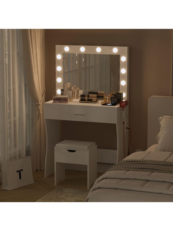 Makeup Vanity Desk with Mirror and 12 Lights 3 Color Modes, White Vanity Table for Bedroom with Charging Station, Vanity Set with Large Mirror and Storage Stool