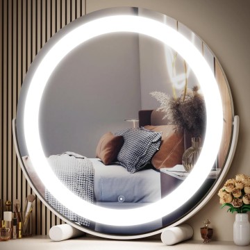 12" Vanity Mirror with Lights, LED Makeup Mirror, Large Round Mirror Lighted Makeup Mirror, Smart Touch Control 3 Colors Dimmable Mirror 360°Rotation White