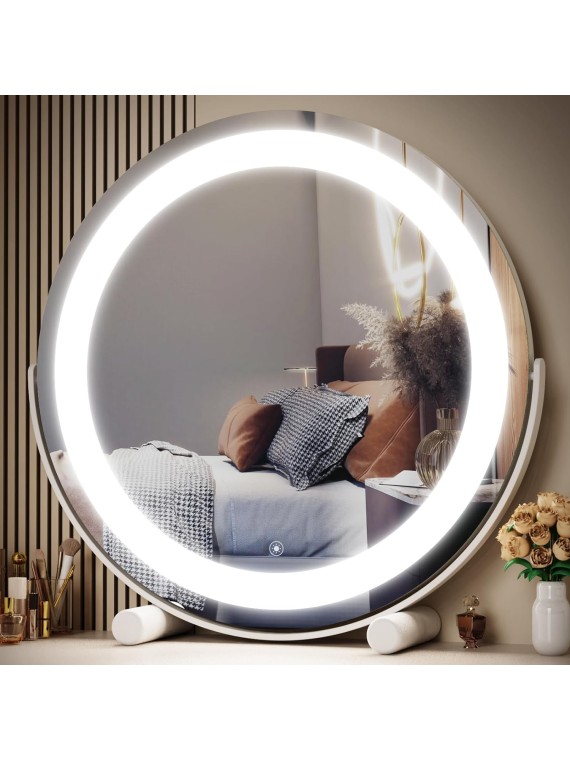 12" Vanity Mirror with Lights, LED Makeup Mirror, Large Round Mirror Lighted Makeup Mirror, Smart Touch Control 3 Colors Dimmable Mirror 360°Rotation White