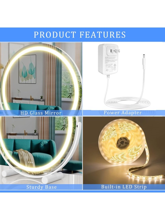 12" Vanity Mirror with Lights, LED Makeup Mirror, Large Round Mirror Lighted Makeup Mirror, Smart Touch Control 3 Colors Dimmable Mirror 360°Rotation White