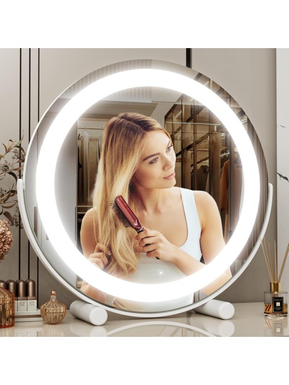 12" Vanity Mirror with Lights, LED Makeup Mirror, Large Round Mirror Lighted Makeup Mirror, Smart Touch Control 3 Colors Dimmable Mirror 360°Rotation White