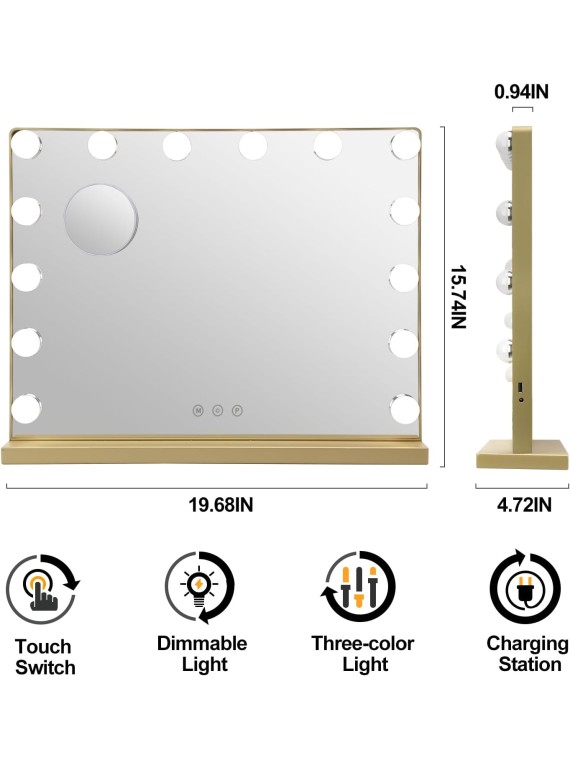 Hollywood Mirror with Lights, 20x16 Inch Vanity Mirror with Lights with 14 Dimmable LED Bulbs and 10X Magnification, Touch Control, 3 Colors Modes, USB Charging Port, Metal Frame, Gold