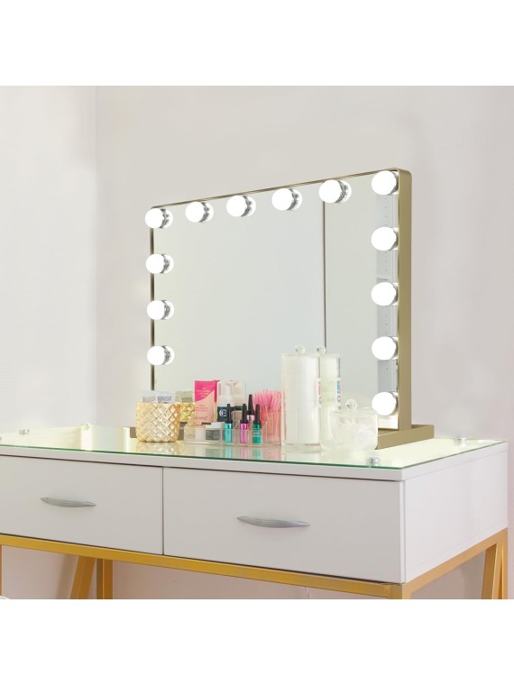 Hollywood Mirror with Lights, 20x16 Inch Vanity Mirror with Lights with 14 Dimmable LED Bulbs and 10X Magnification, Touch Control, 3 Colors Modes, USB Charging Port, Metal Frame, Gold