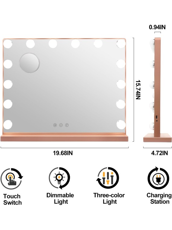 Hollywood Vanity Mirror with Lights, 20x16 Inch Makeup Mirror with Lights with 14 Dimmable LED Bulbs and 3 Colors Modes, 10X Magnification, Touch Control, USB Charging Port, Rose Gold