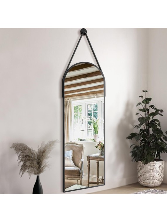 16"x48" Hanging Mirror with Leather Strap,Arched Full Length Mirror with Aluminum Frame Wall-Mounted Hanging Mirrors for Bathroom Vanity Living Room Bedroom Entryway Décor, Black