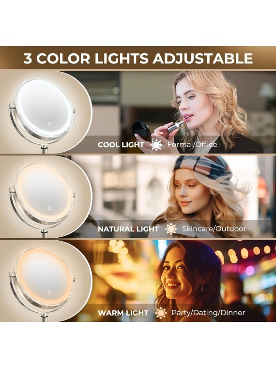 9" Wall Mounted Lighted Makeup Mirror, 3000mAh Rechargeable Double Sided 1X/10X Magnifying Mirror with Hook,3 Color Lights Dimmable 360° Rotation Vanity Mirror for Bathroom