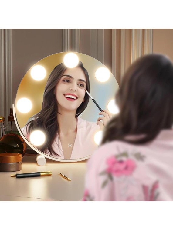 Vanity Mirror with Lights, 13" Hollywood Mirror Tabletop Makeup Mirror with 7 Dimmable LED Bulbs, Large Lighted Mirror for Bedroom Smart Touch Control 3 Colors Light 360°Rotation,