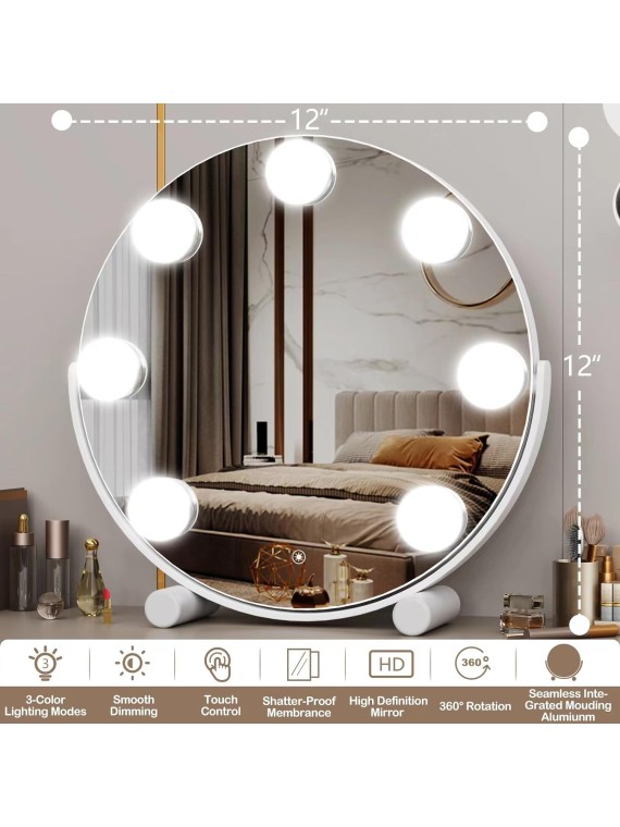 Vanity Mirror with Lights, 13" Hollywood Mirror Tabletop Makeup Mirror with 7 Dimmable LED Bulbs, Large Lighted Mirror for Bedroom Smart Touch Control 3 Colors Light 360°Rotation,