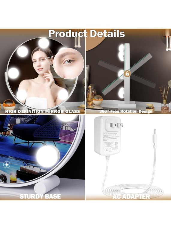 Vanity Mirror with Lights, 13" Hollywood Mirror Tabletop Makeup Mirror with 7 Dimmable LED Bulbs, Large Lighted Mirror for Bedroom Smart Touch Control 3 Colors Light 360°Rotation,