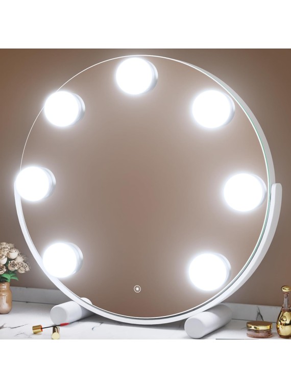 Vanity Mirror with Lights, 13" Hollywood Mirror Tabletop Makeup Mirror with 7 Dimmable LED Bulbs, Large Lighted Mirror for Bedroom Smart Touch Control 3 Colors Light 360°Rotation,