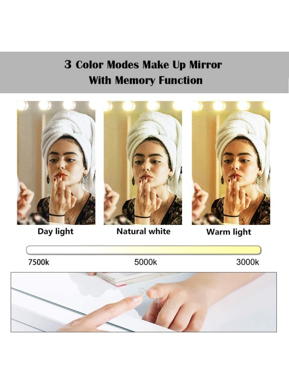 Vanity Mirror Makeup Mirror with Lights,10X Lens,22.8"x 18.1" Hollywood Lighted Vanity Mirror with 15 Dimmable LED Bulbs,3 Color Modes,Touch Control for Bedroom,Tabletop or Wall-Mounted