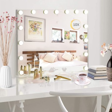 Vanity Mirror Makeup Mirror with Lights,10X Magnification,Large Hollywood Lighted Vanity Mirror with 15 Dimmable LED Bulbs,3 Color Modes,Touch Control for Bedroom,Tabletop or Wall-Mounted