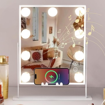 Vanity Mirror with Lights and Bluetooth, Wireless Charging Lighted Vanity Mirror with Phone Stand, 9-Bulb 3 Color Lighting Tabletop Lighted Makeup Mirror, 360°Rotation