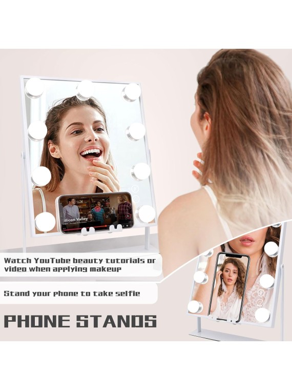 Vanity Mirror with Lights and Bluetooth, Wireless Charging Lighted Vanity Mirror with Phone Stand, 9-Bulb 3 Color Lighting Tabletop Lighted Makeup Mirror, 360°Rotation