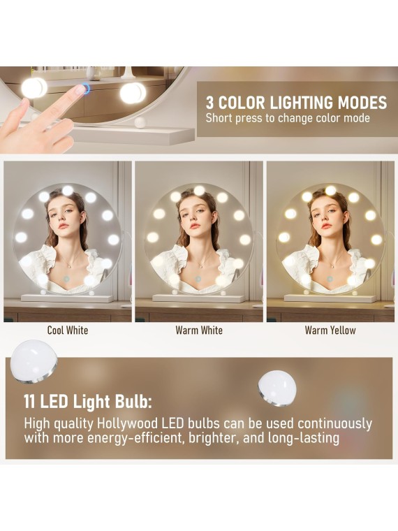  Hollywood Makeup Vanity Mirror with Lights, 20" LED Mirror with 10X Magnification, Lighted Up Desk Mirror w 3 Color Modes & Dimmable, White