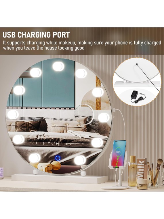  Hollywood Makeup Vanity Mirror with Lights, 20" LED Mirror with 10X Magnification, Lighted Up Desk Mirror w 3 Color Modes & Dimmable, White