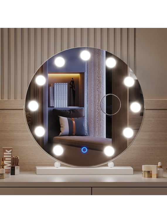  Hollywood Makeup Vanity Mirror with Lights, 20" LED Mirror with 10X Magnification, Lighted Up Desk Mirror w 3 Color Modes & Dimmable, White