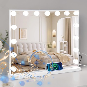 Vanity Mirror with Lights and Speaker Large Hollywood Vanity Mirror with 15 LED Bulbs and Smart Touch Control Desktop Makeup Mirror with 10X Magnification and USB Charge Port