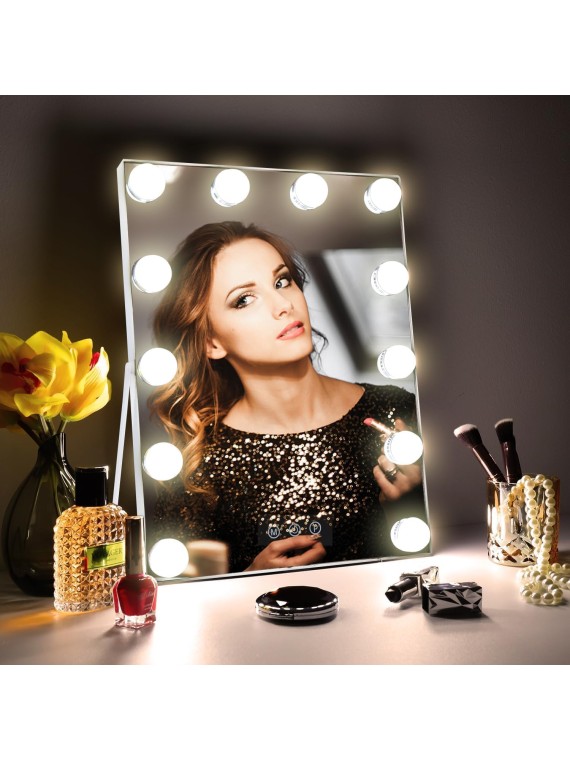 10"x 12" Vanity Mirror with Lights, Hollywood Lighted Makeup Mirror with 3 Color Modes and 12 Dimmable Diamond LED Light Bulbs, Touch Control for Bedroom, White