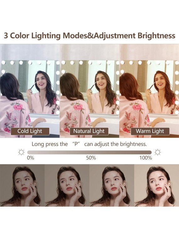 Hollywood Vanity Mirror with Lights, 17 Dimmable LED Bulbs 3 Color Lighted Makeup Mirror with Detachable 10X Magnification Mirror, Tabletop or Wall-Mounted, Touch Control